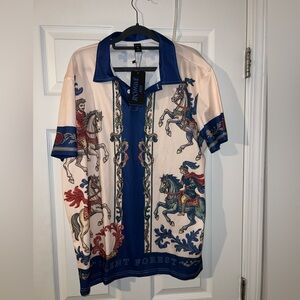 Romwe Men's All-Over Print Button Vintage Casual Short Sleeve Polo Shirt size XL